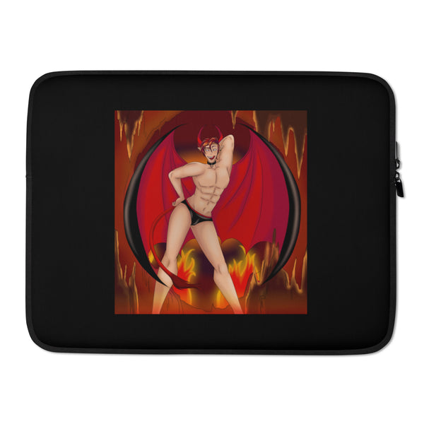 Front view of a black laptop sleeve with a horned, winged demon in black briefs amid flames