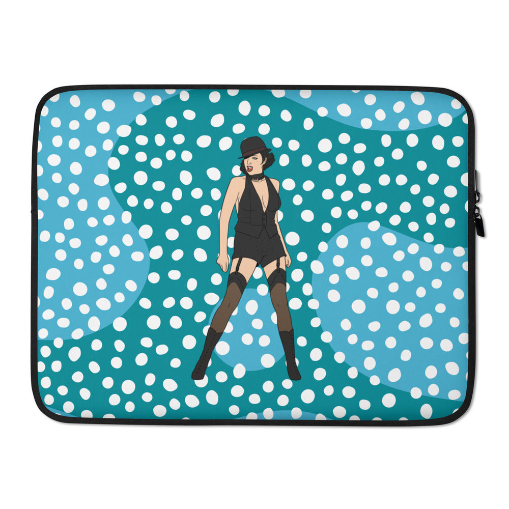 Front view of a teal laptop sleeve with white dots and a woman in a black cabaret outfit