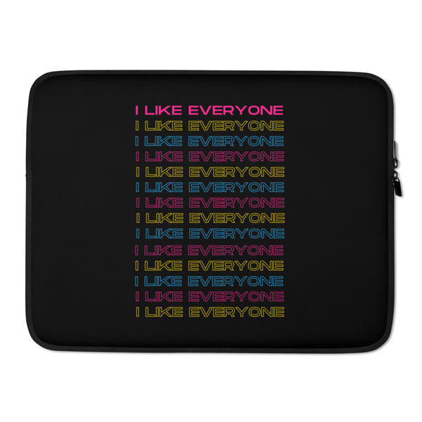Black laptop sleeve with repeated “I LIKE EVERYONE” text in pink, yellow, and blue