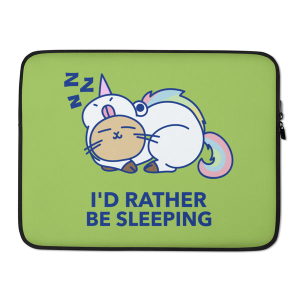 Green laptop sleeve with sleeping cat and unicorn, “I'D RATHER BE SLEEPING” text