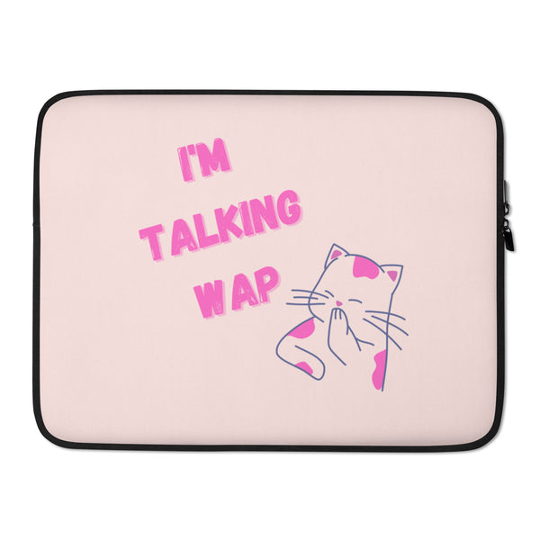 Pale pink laptop sleeve with black trim, “I’M TALKING WAP” text, and a pink-spotted cat