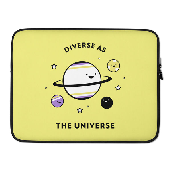 Front view of a yellow laptop sleeve with smiling planets and “DIVERSE AS THE UNIVERSE” text