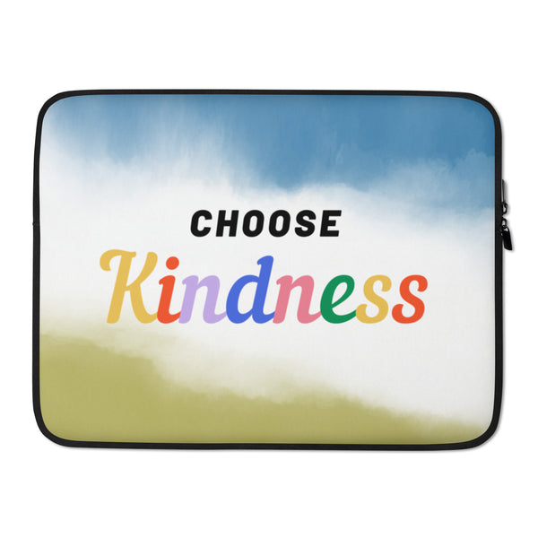 Laptop sleeve with a blue sky and green landscape design, reading “CHOOSE Kindness”