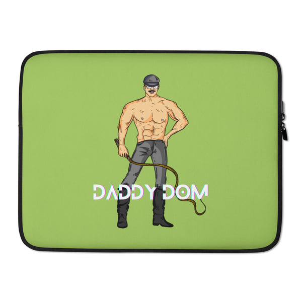 Front view of a green laptop sleeve with a shirtless cap-wearing man and the words “DADDY DOM”