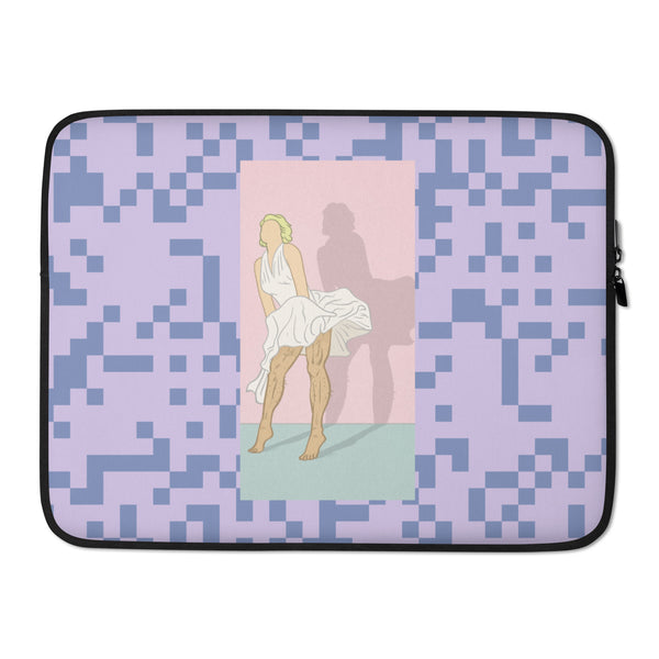 Front view of a lavender laptop sleeve with blue pixel blocks and a vintage Marilyn Monroe-style illustration