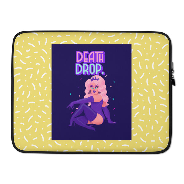 Laptop sleeve with yellow sprinkle pattern and central “DEATH DROP” drag queen illustration
