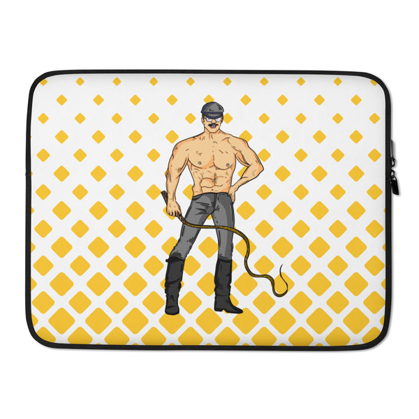 Laptop sleeve with a shirtless mustached man in leather gear holding a riding crop and whip