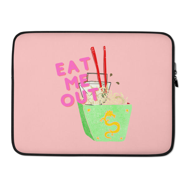 Pink laptop sleeve with “EAT ME OUT” text and a green noodle bowl illustration
