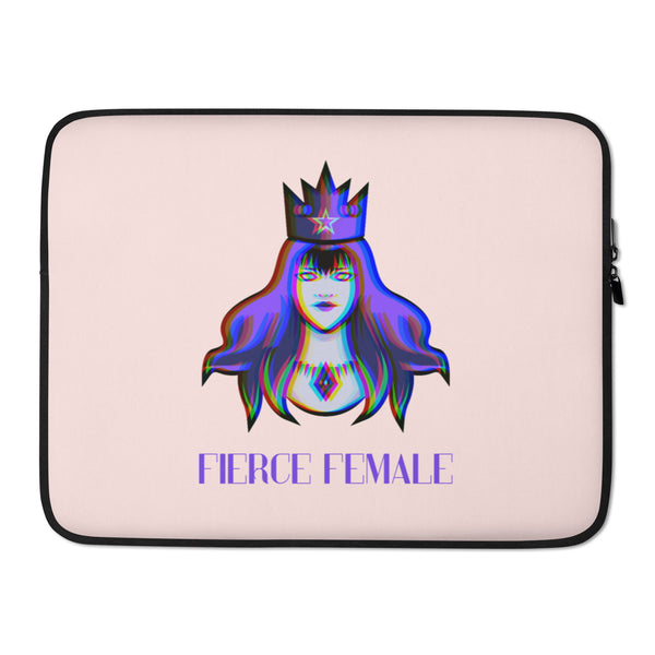 Pink laptop sleeve with a crowned, multicolored female portrait and “FIERCE FEMALE” text