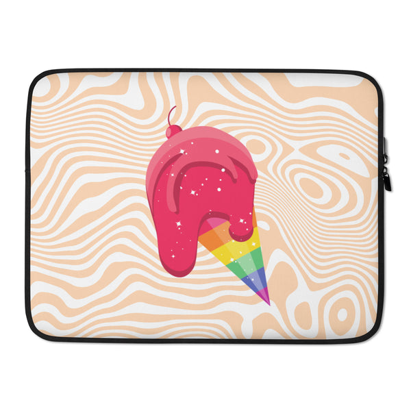Laptop sleeve with a pink melting ice cream and rainbow cone on a wavy beige-and-white pattern