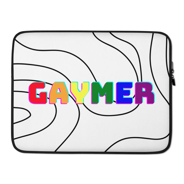 White laptop sleeve with black wavy lines and colorful block letters spelling “GAYMER”