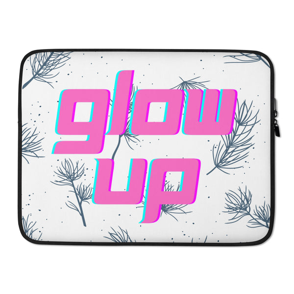 Laptop sleeve with pink and cyan “glow up” lettering on a white botanical pattern