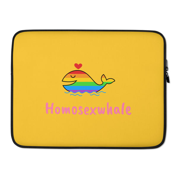 Yellow laptop sleeve with a rainbow-striped whale, red heart, and pink “Homosexwhale” text