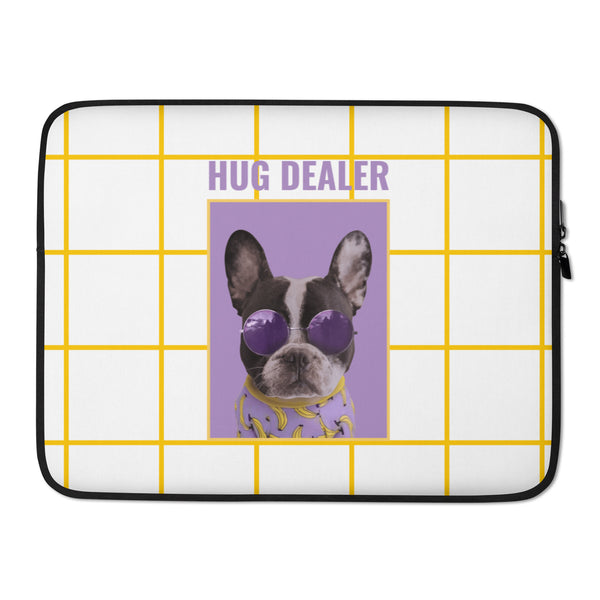 Laptop sleeve with yellow grid, “HUG DEALER” text, and a bulldog wearing purple sunglasses