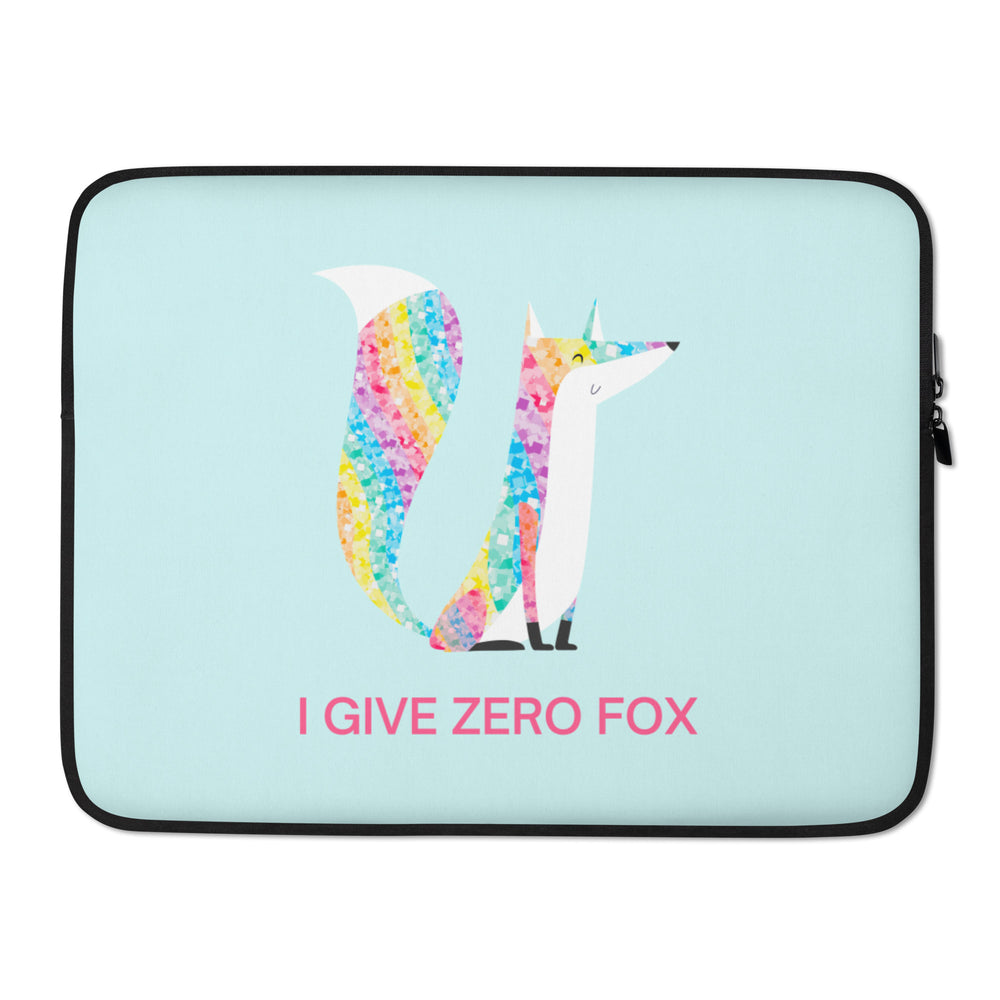 Light blue laptop sleeve with a colorful fox and pink “I GIVE ZERO FOX” text