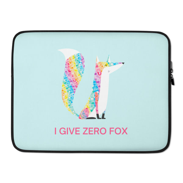 Light blue laptop sleeve with a colorful fox and pink “I GIVE ZERO FOX” text