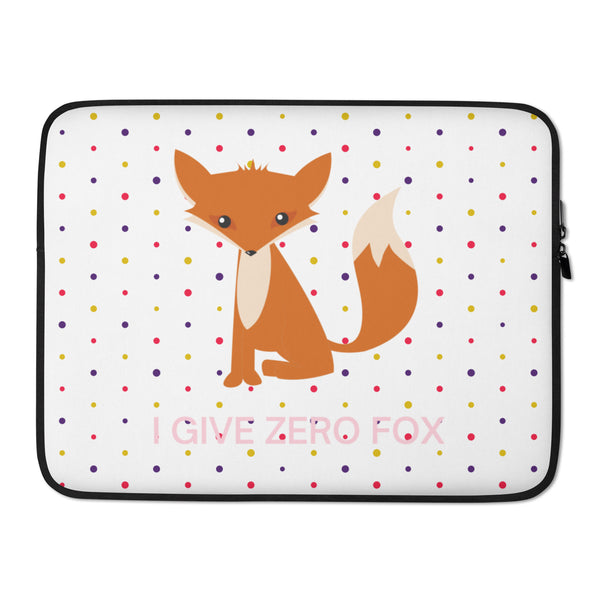 Front view of a white laptop sleeve with a fox, colored dots, and “I GIVE ZERO FOX” text