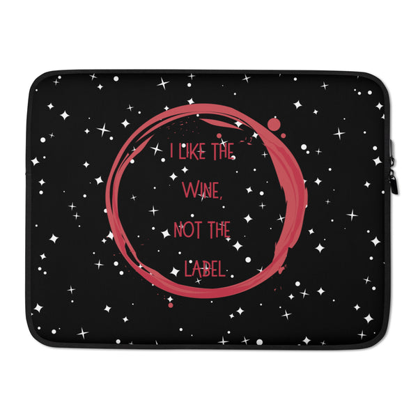 Front view of a black laptop sleeve with pink wine ring and “I LIKE THE WINE, NOT THE LABEL”