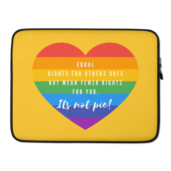 Front view of a yellow laptop sleeve with a rainbow heart and “It’s not pie!” text