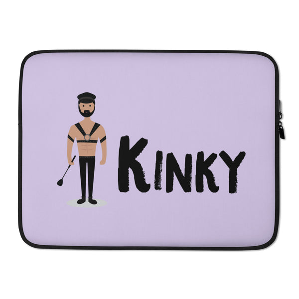 Lavender laptop sleeve with a bearded person in a leather harness and the word “KINKY”
