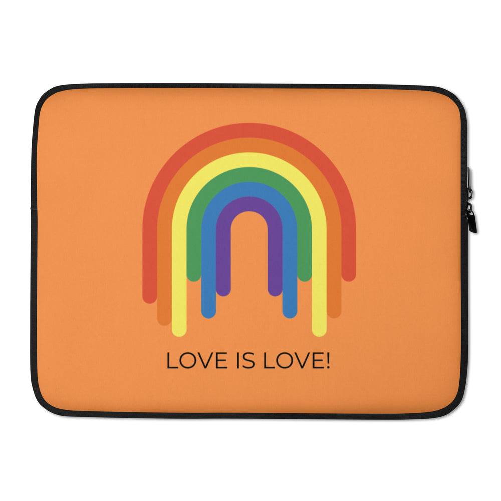 Orange laptop sleeve with a rainbow arch graphic and “LOVE IS LOVE!” text