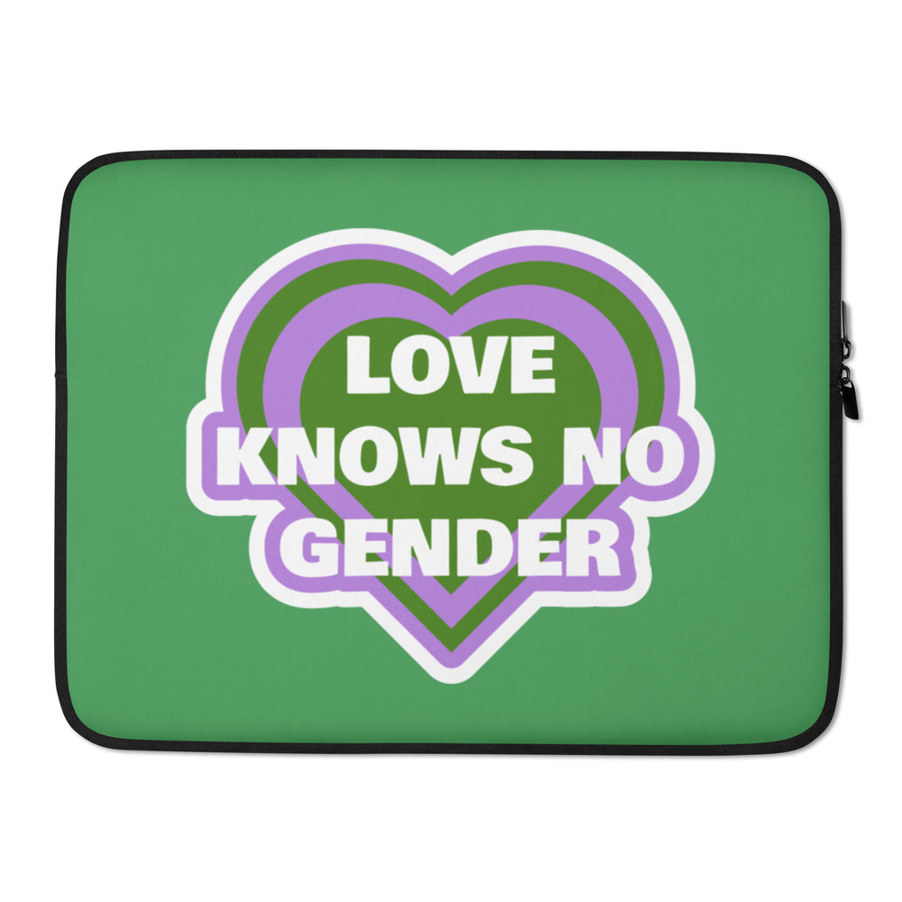 Green laptop sleeve with black trim and a layered purple heart reading “LOVE KNOWS NO GENDER”