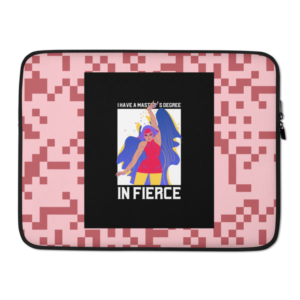 Pink pixel-pattern laptop sleeve with black trim and a fierce illustrated woman graphic