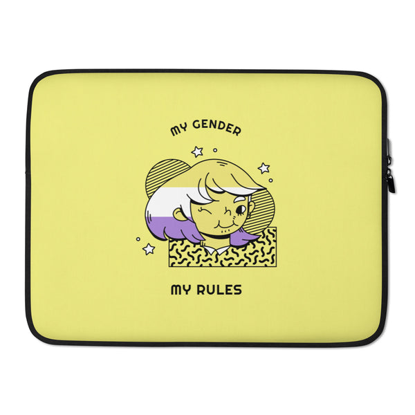 Yellow laptop sleeve with black trim, cartoon portrait, and “MY GENDER MY RULES” text