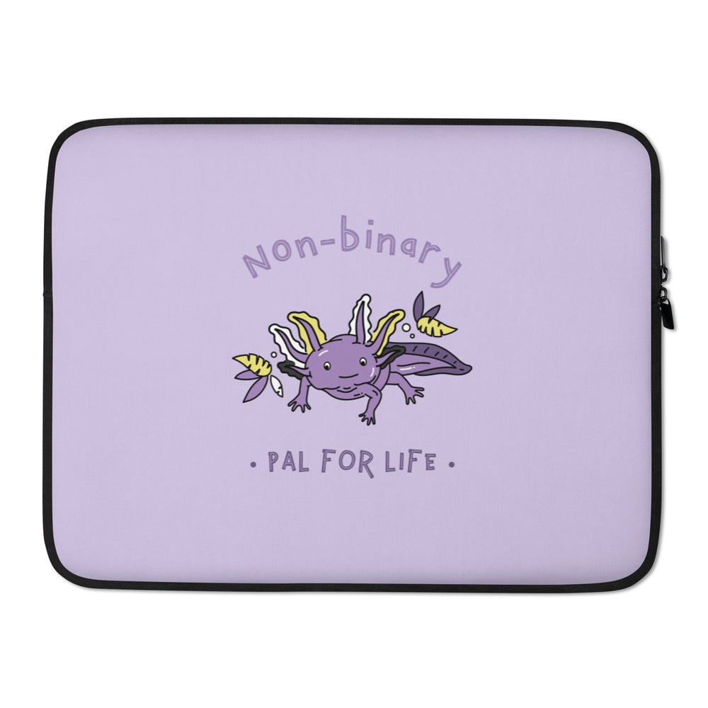 Lavender laptop sleeve with a smiling purple axolotl and “Non-binary Pal for Life” text