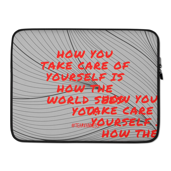 Gray laptop sleeve with black swirling lines and red self-care message, shown front-facing