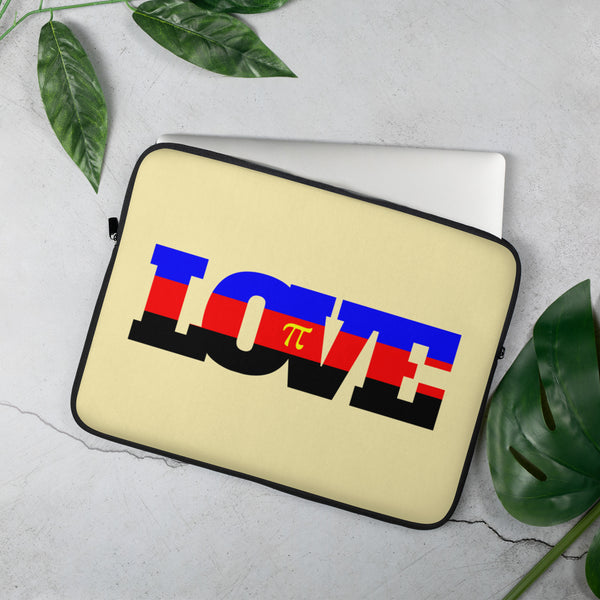 Angled view of a pale yellow laptop sleeve with a bold polyamory symbol design