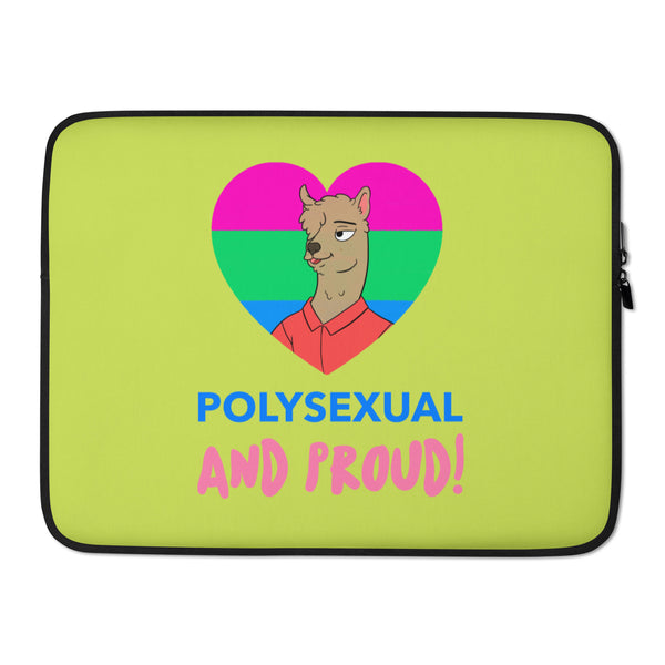 Front-facing lime green laptop sleeve with a pink-and-green heart, cartoon llama, and “POLYSEXUAL AND PROUD!”