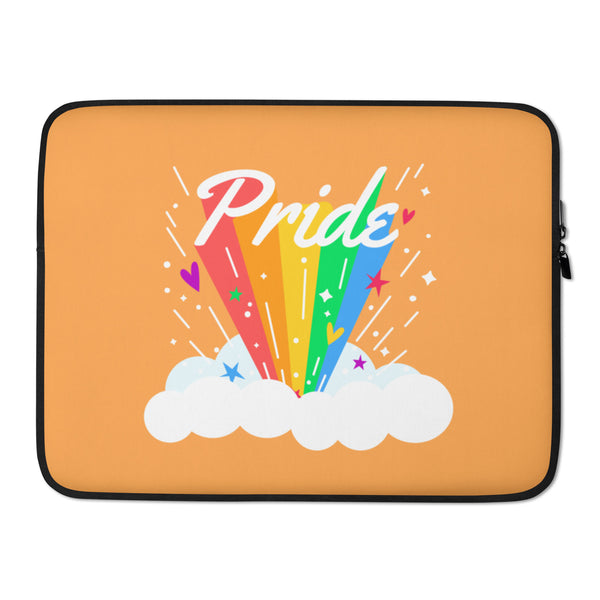 Front view of an orange laptop sleeve with a rainbow and white “Pride” lettering