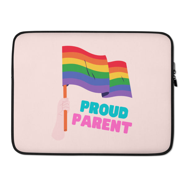 Proud Parent Laptop Sleeve held by a middle-aged man in a rainbow shirt at Pride, rainbow flags and queer beads popping in the crowd.