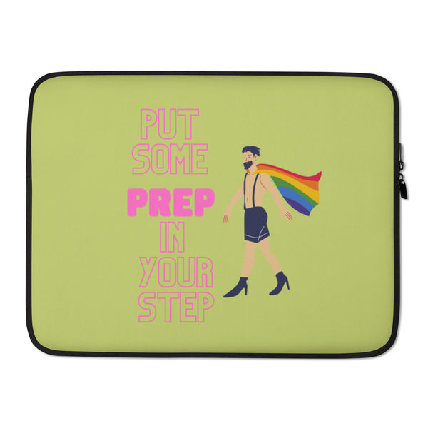 Front view of a lime-green laptop sleeve reading “PUT SOME PREP IN YOUR STEP,” with a caped figure