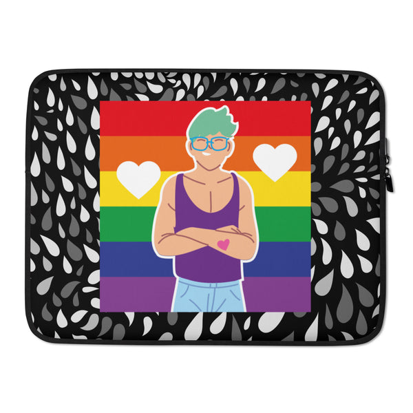 Laptop sleeve with a rainbow-striped panel showing an illustrated person with crossed arms and hearts