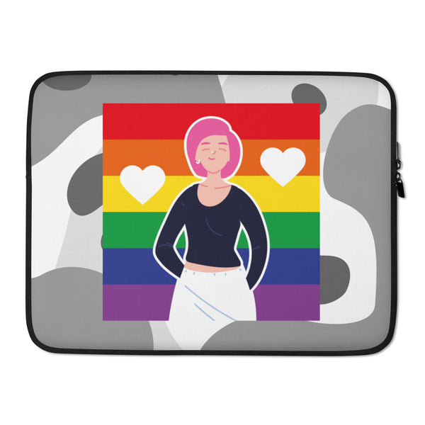 Front view of a laptop sleeve with a rainbow flag, hearts, and a pink-haired illustrated person