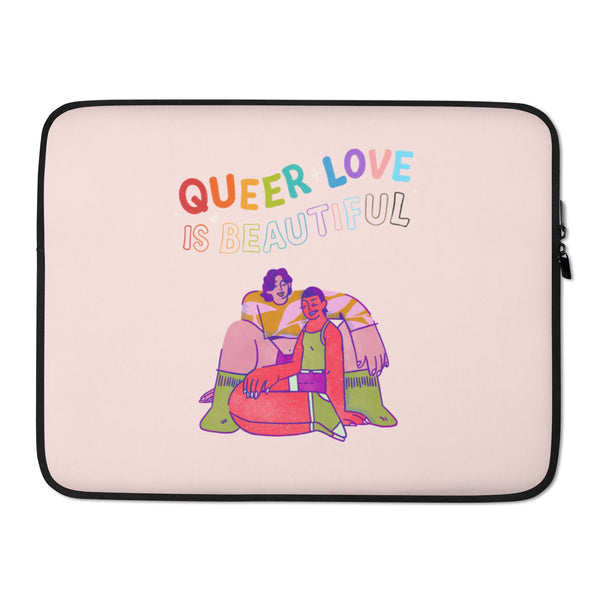 Pink laptop sleeve with black trim, “QUEER LOVE IS BEAUTIFUL,” and a colorful couple illustration