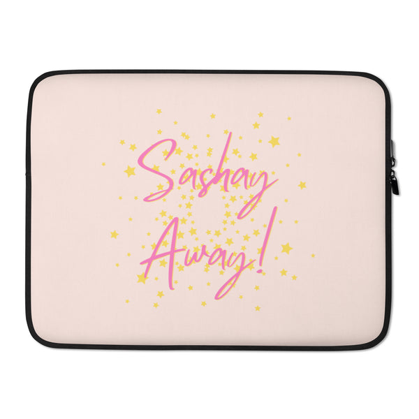 Front view of a pale pink laptop sleeve reading “Sashay Away!” among yellow stars