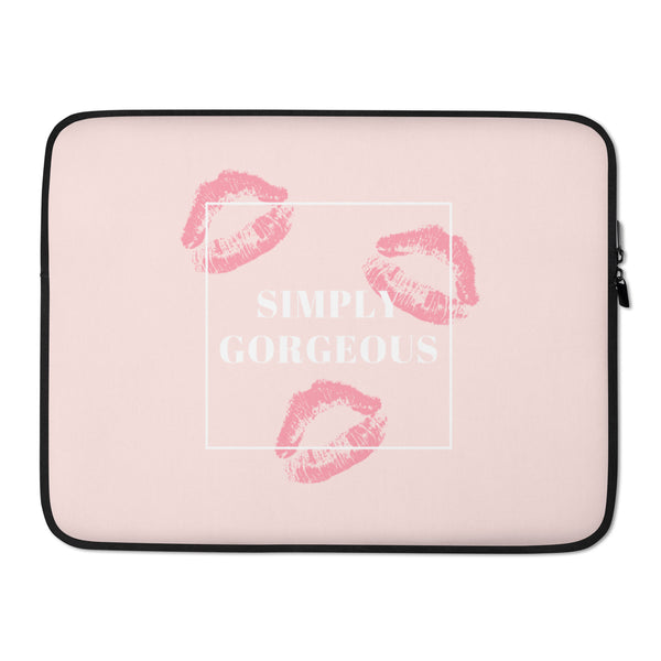 Pink laptop sleeve with black trim, three lipstick prints, and white “SIMPLY GORGEOUS” lettering
