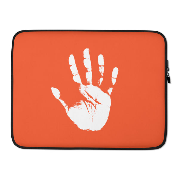 Orange laptop sleeve with black trim and a centered white raised-hand graphic