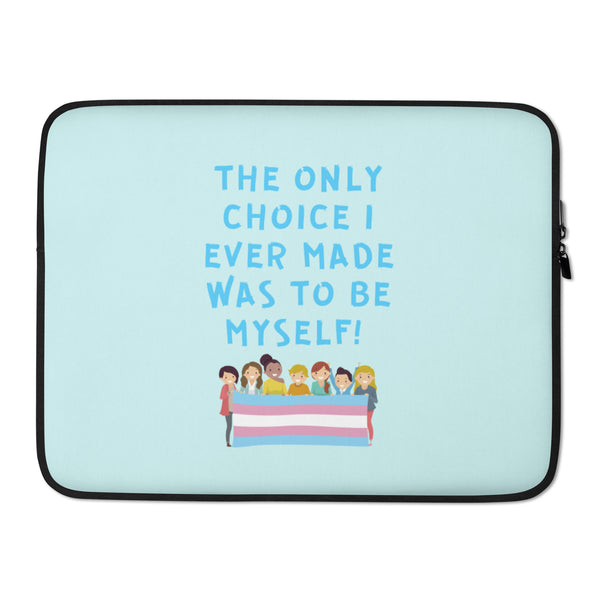 Light blue laptop sleeve with black trim, slogan, and people holding a pink-white-blue flag