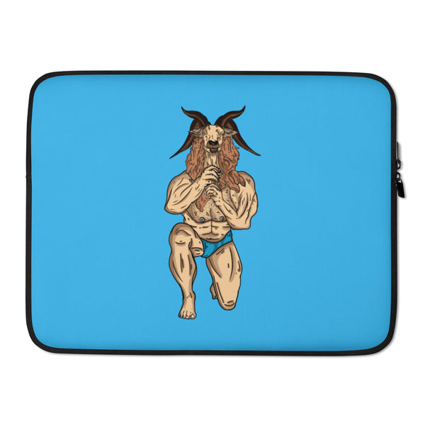 Blue laptop sleeve with a horned goat-man illustration in blue briefs