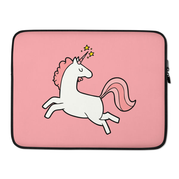 Pink laptop sleeve with a leaping white unicorn, pink mane and tail, and star-tipped horn