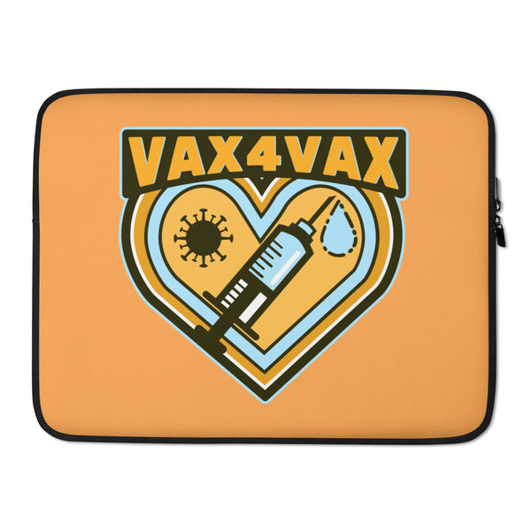 Orange laptop sleeve with a heart graphic, vaccine syringe, virus symbol, droplet, and “VAX 4 VAX” text