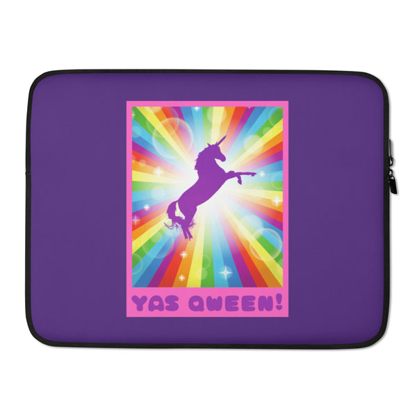 Purple laptop sleeve with a pink-framed rainbow unicorn graphic and “YAS QWEEN!” text
