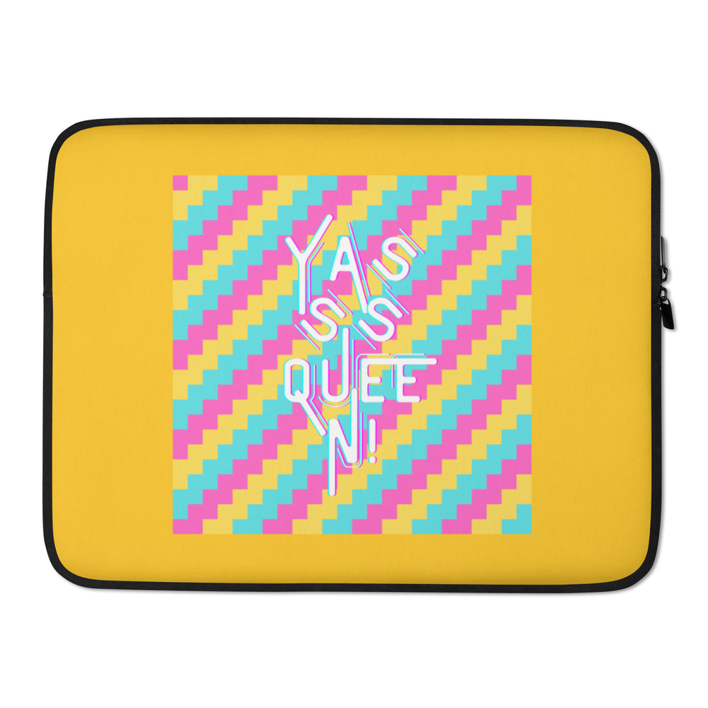 Yellow laptop sleeve with black trim and a colorful panel reading “YASS’ QUEEN!”