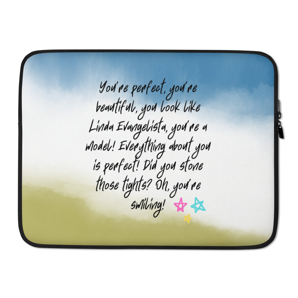Black-trimmed laptop sleeve with a sky-and-grass design and motivational quote