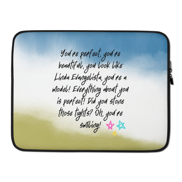 Black-trimmed laptop sleeve with a sky-and-grass design and motivational quote