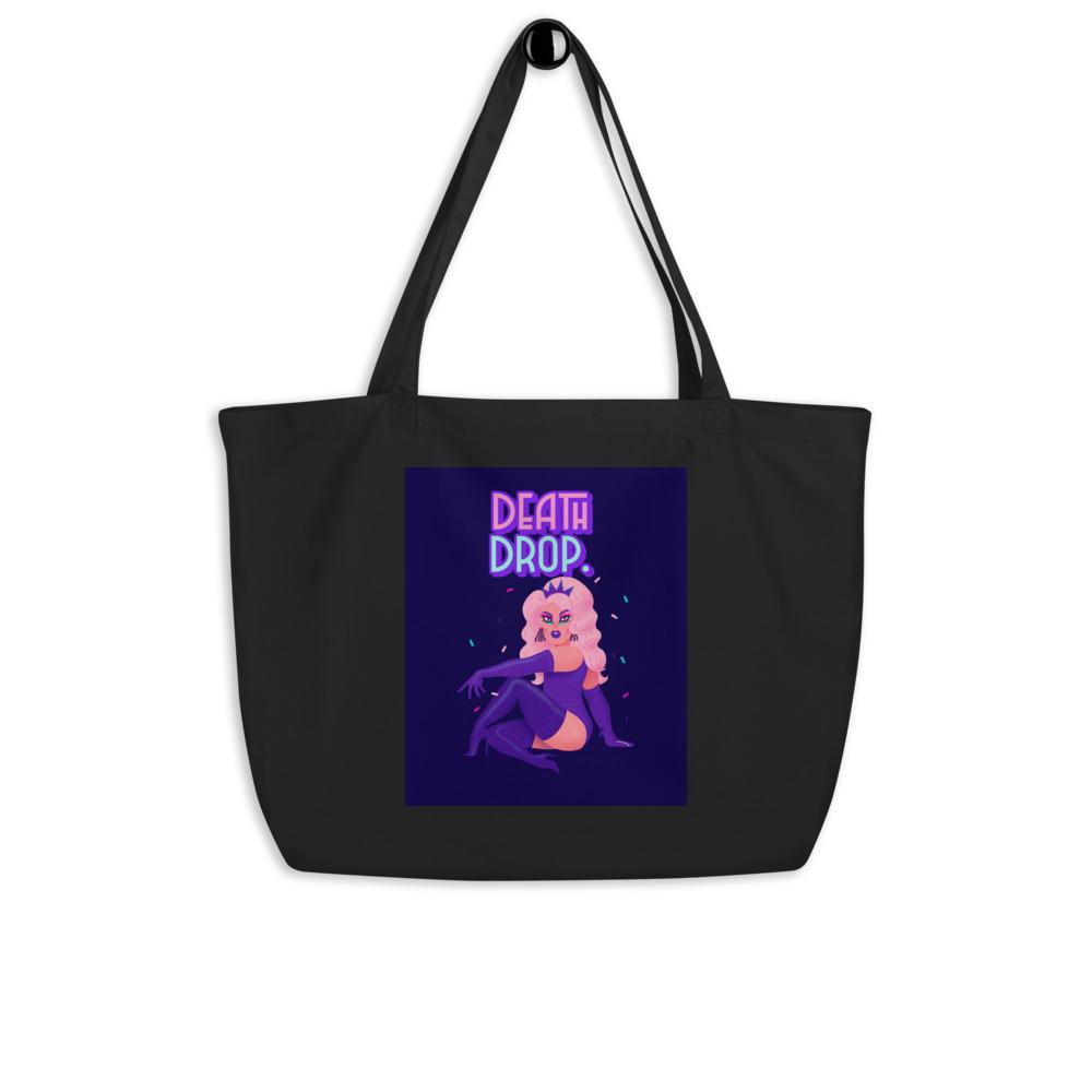 Black tote bag with colorful “DEATH DROP” drag queen illustration